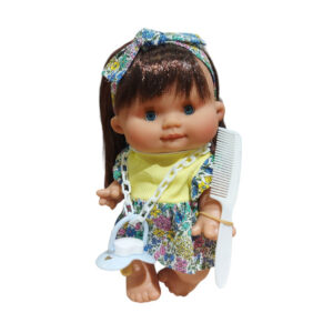 0424 Nines d Onil Χειροποίητο μωρό κούκλα Pepote special Funtastik με floral κίτρινο φόρεμα 26 εκ