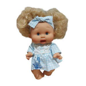 0424 Nines d Onil Χειροποίητο μωρό κούκλα Pepote special Funtastik με γαλάζιο καρό φόρεμα 26 εκ