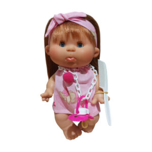 0424 Nines d Onil Χειροποίητο μωρό κούκλα Pepote special Funtastik με ροζ φόρεμα με αρκουδάκι 26 εκ